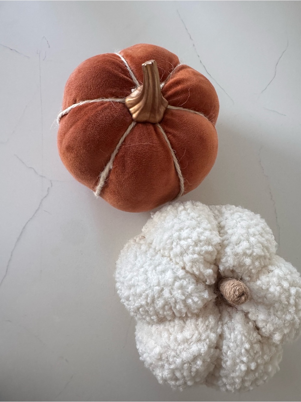 Velvet Burnt Orange & Cream Decorative Pumpkins - Set of 2